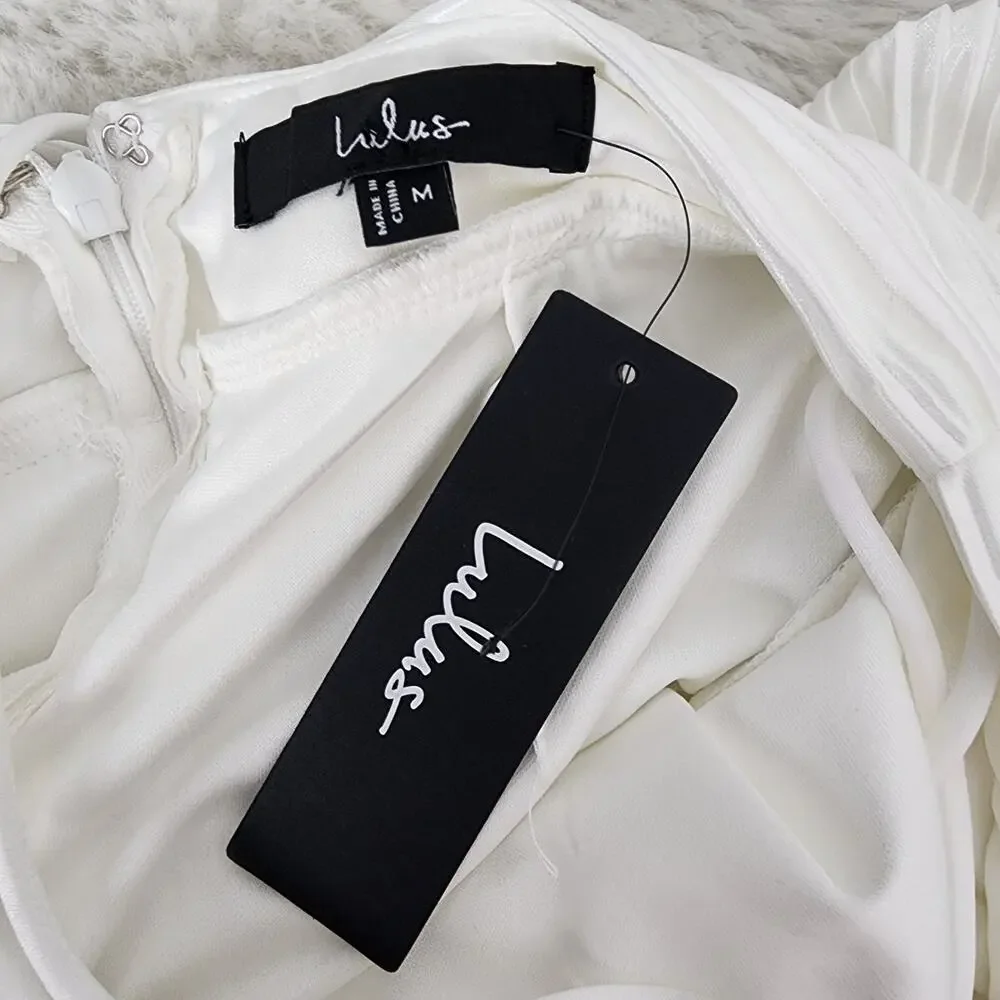 Lulus Captivating Delight White Plisse Satin Mini Dress - Lace-Up Bridal NWT M - Picture 13 of 14